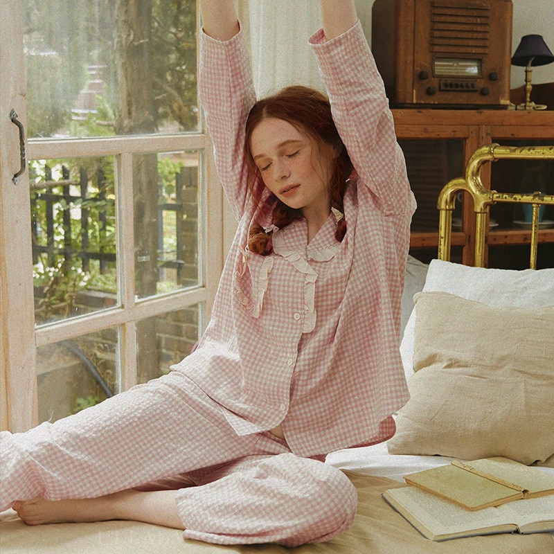 Vintage Cotton Women's Pajamas Sets Long Sleeve Ankel-length Girls Plaid Nightwear Spring Summer Loose Sleepwear Suits: Pink / XL