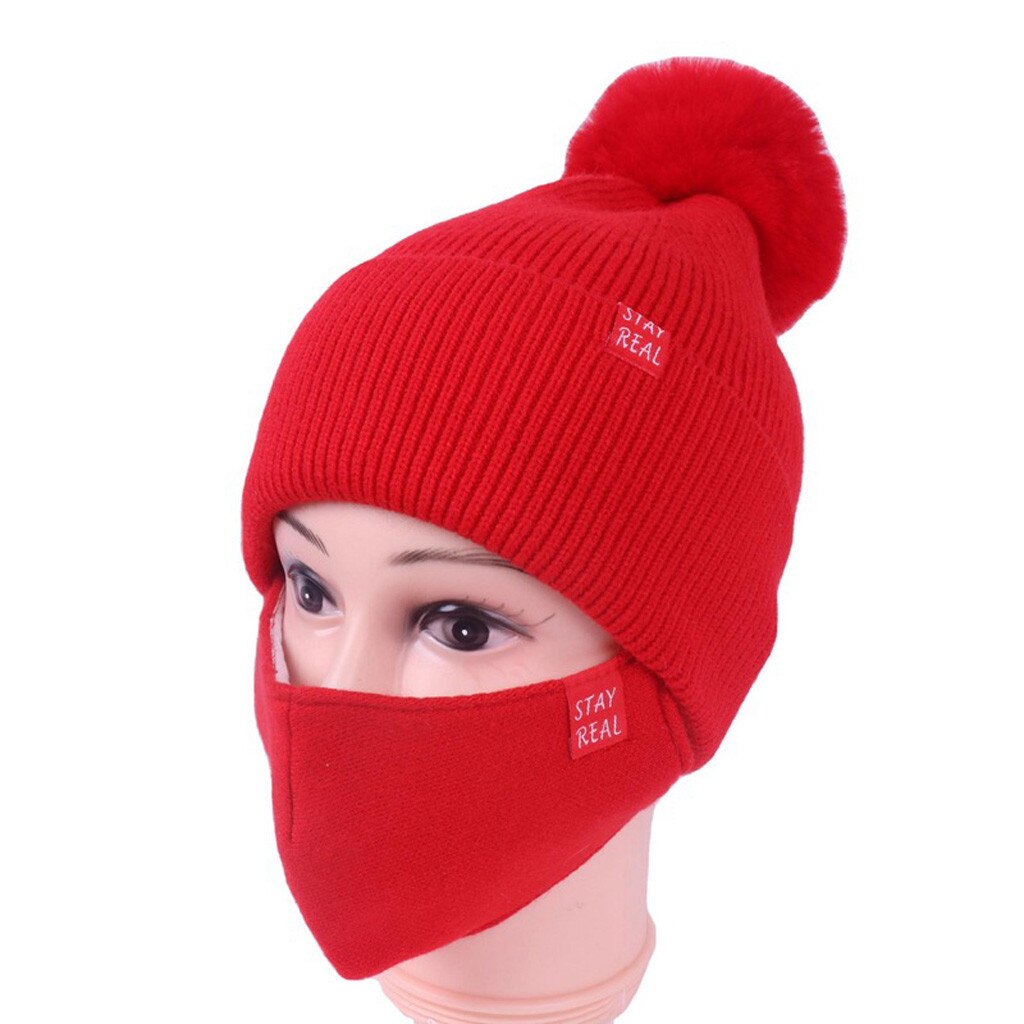 Kvinder vinterhatte hatte strikket faux pels beanies cap afslappede hætter til udendørs uld hemming hat med hår kugle femme: Rød