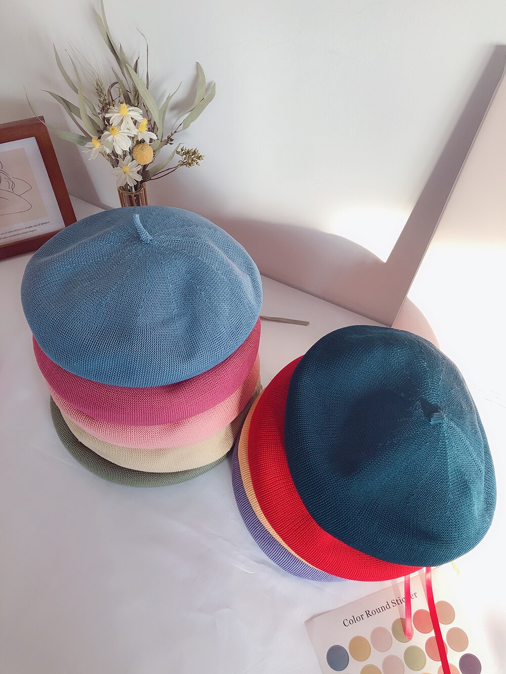 Simple light version 18-color women's beret hat spring and summer thin linen texture painter hat girl beanie hat