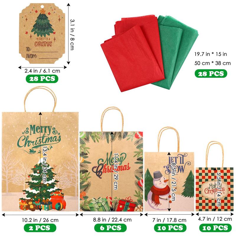 Kerstcadeau Zakken Papieren Traktatiezakken Kraft Goodies Party Gunsten Supplies Met 28Pcs Tissuepapier 28Pcs Opknoping tags
