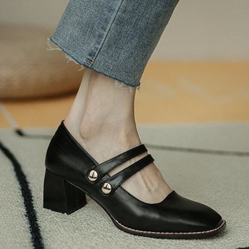 Siddons vintage sort hvid høje hæle til kvinder pumps rund tå ankelrem mary jane sko platform fest bryllup sko kvinde