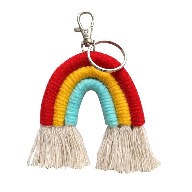 Macrame regnbue nøgleringe boho taske charms med kvaster håndvævet bomuldstilbehør til bilnøgle pung pung hængende dekoration: G