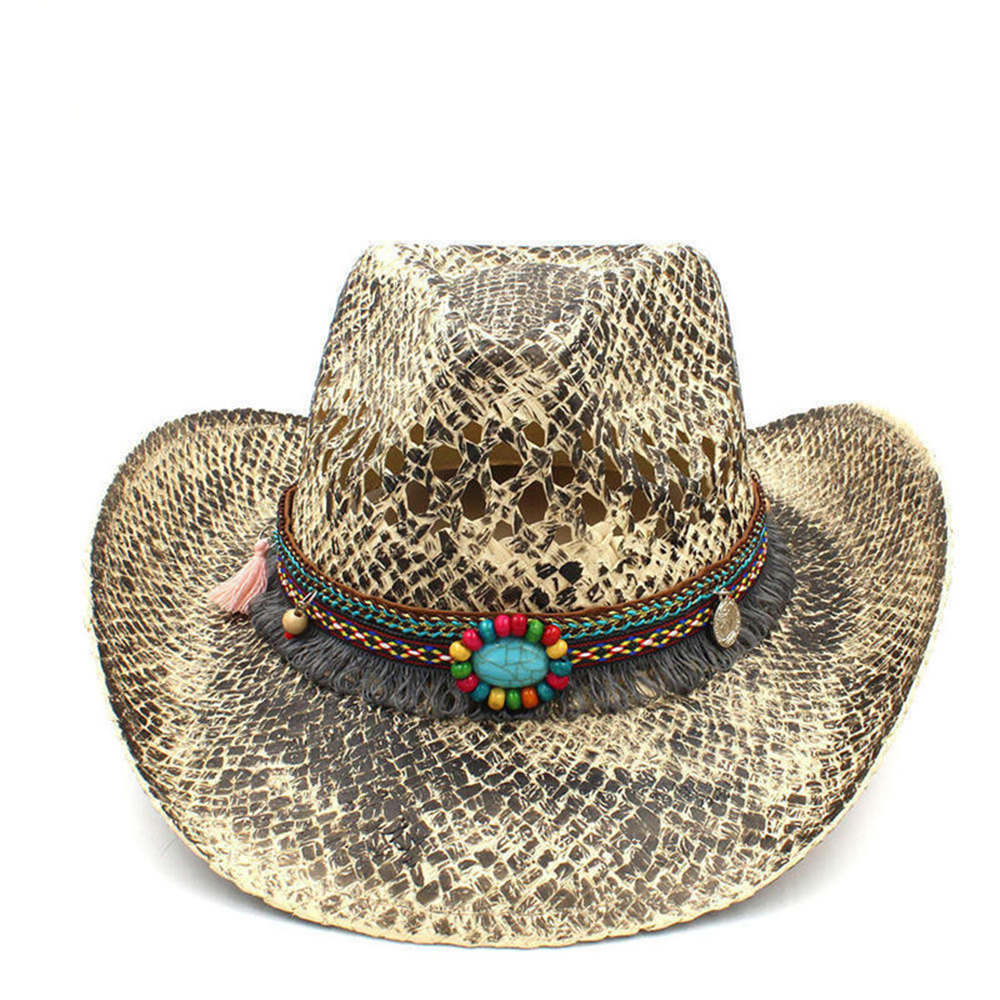Sombrero de vaquero occidental para mujer, Sombrero de paja tejido a mano, con borlas bohemias, tamaño 56-58CM: C5 CAK