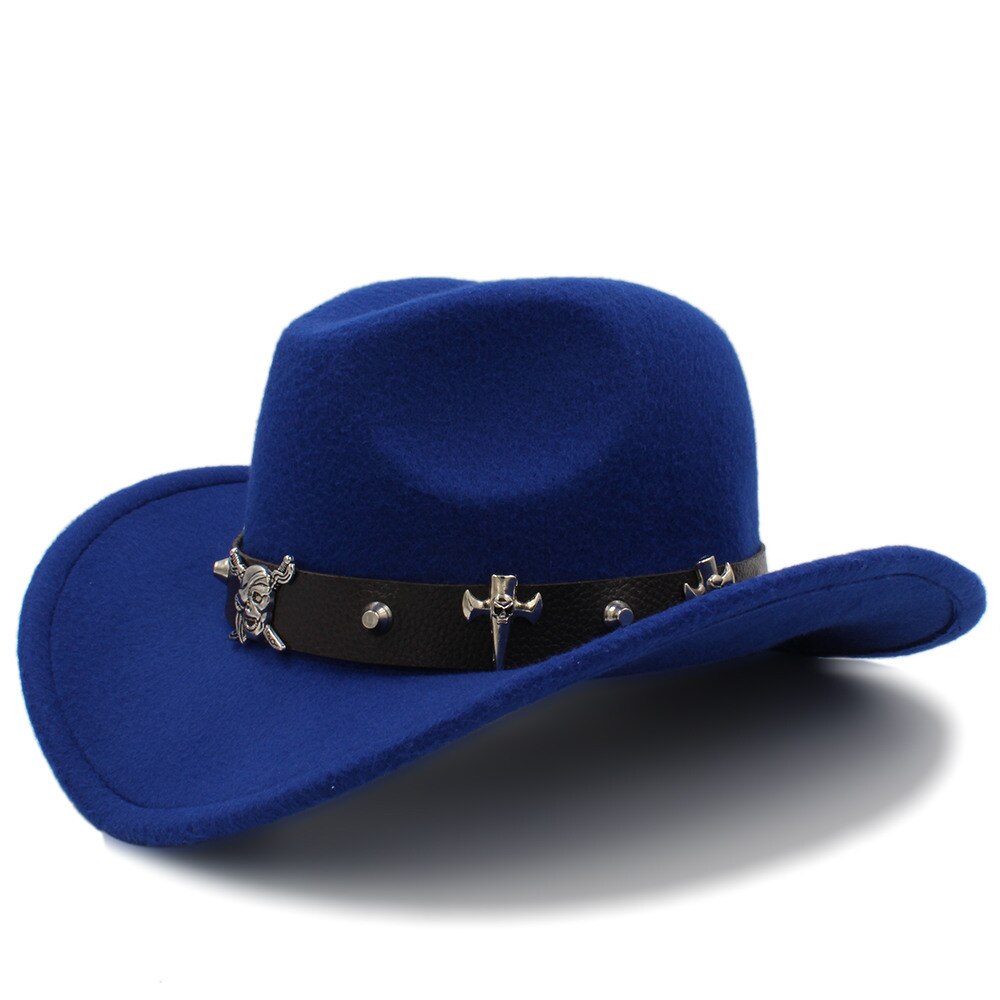 Kvinder mænd uld hule vestlige cowboy hat pirat læder bælte herre far jazz ridning sombrero hombre cap størrelse 56-58cm: Blå