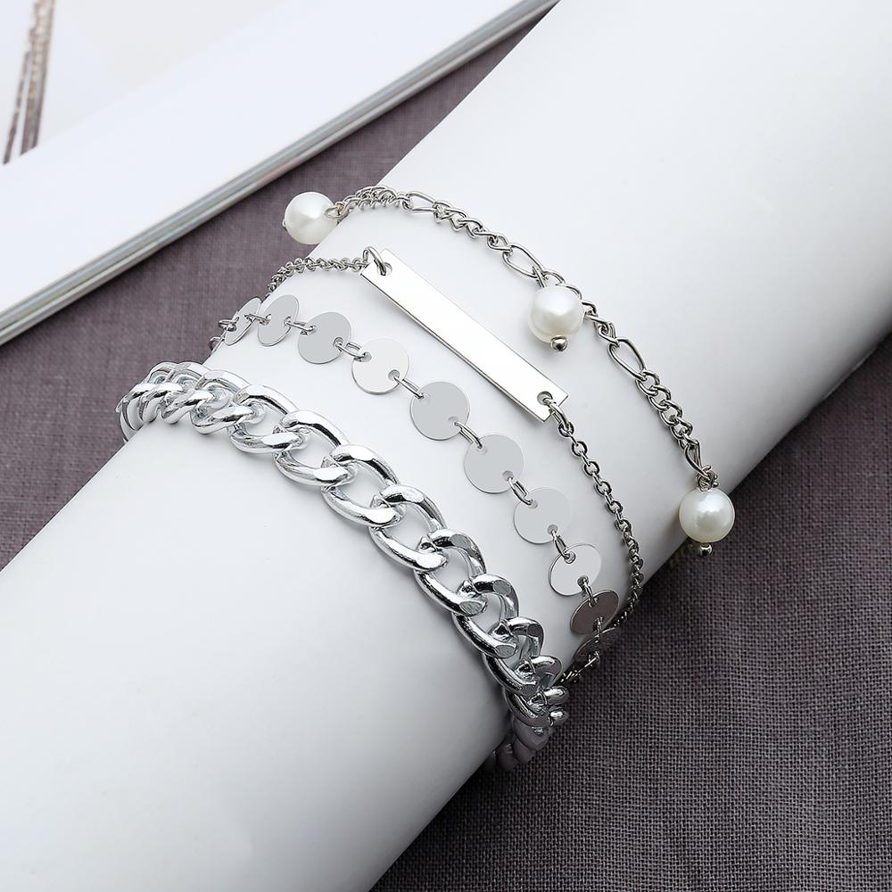 PuRui 4 pièces/ensemble Imitation perle breloque Bracelets pour femme multicouche bohème couleur or lien chaîne Bracelets Bracelets