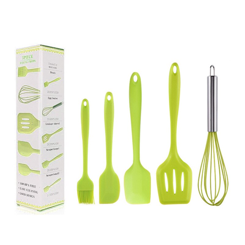 5PCS Silicone Cooking Utensils Set Heat Resistant Non-stick Spatula Tools Baking Kitchen Tool Accessories Dinnerware Sets: Green