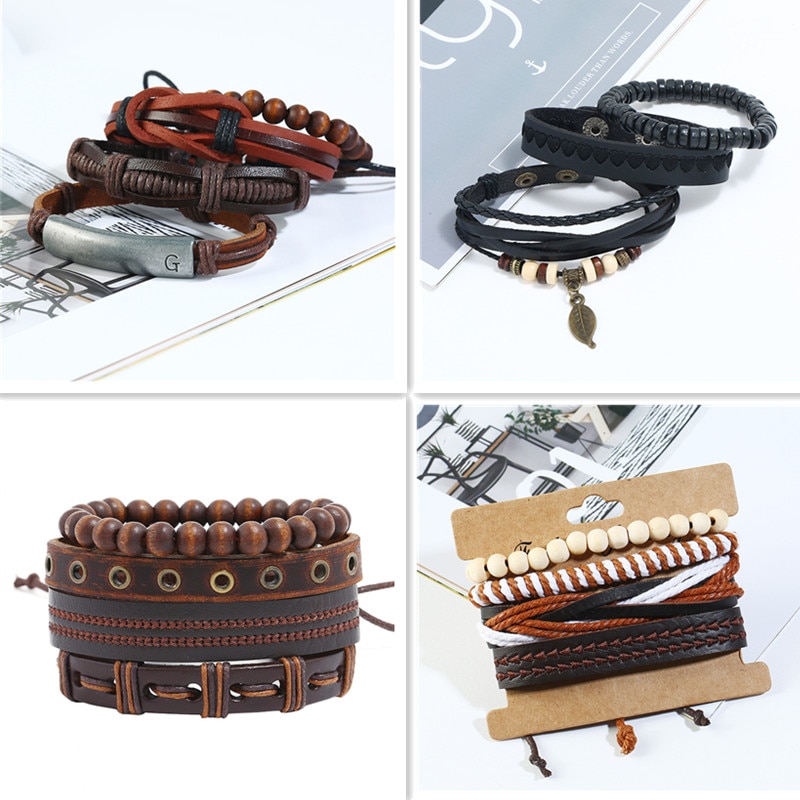 3-4 Stks/set Henneptouw Weave Armbanden Armband Houten Kralen Hanger Armbanden Mannen Handgemaakte Armbanden Sieraden