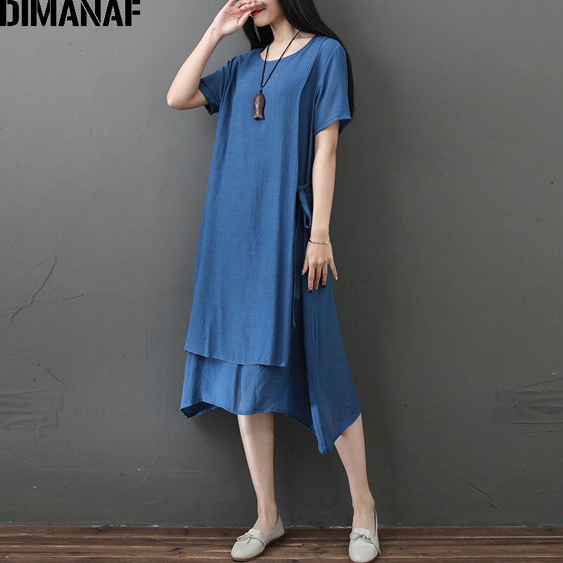DIMANAF-vestido MIDI holgado informal de algodón y lino para verano, traje holgado Estilo Vintage para mujer, talla grande,