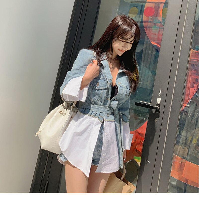 Colorfaith Autumn Winter Women's Denim Jackets Patchwork Sashes Lace Up Outerwear High Street Fashionable Jeans JK7064