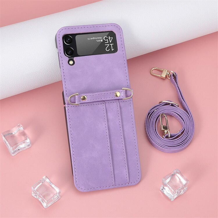 Lanyard Geïntegreerde Schokbestendig Card Slot Leather Case Voor Samsung Galaxy Z Flip 3 Flip3 5G Anti-Kras Beschermende telefoon Cover: purple