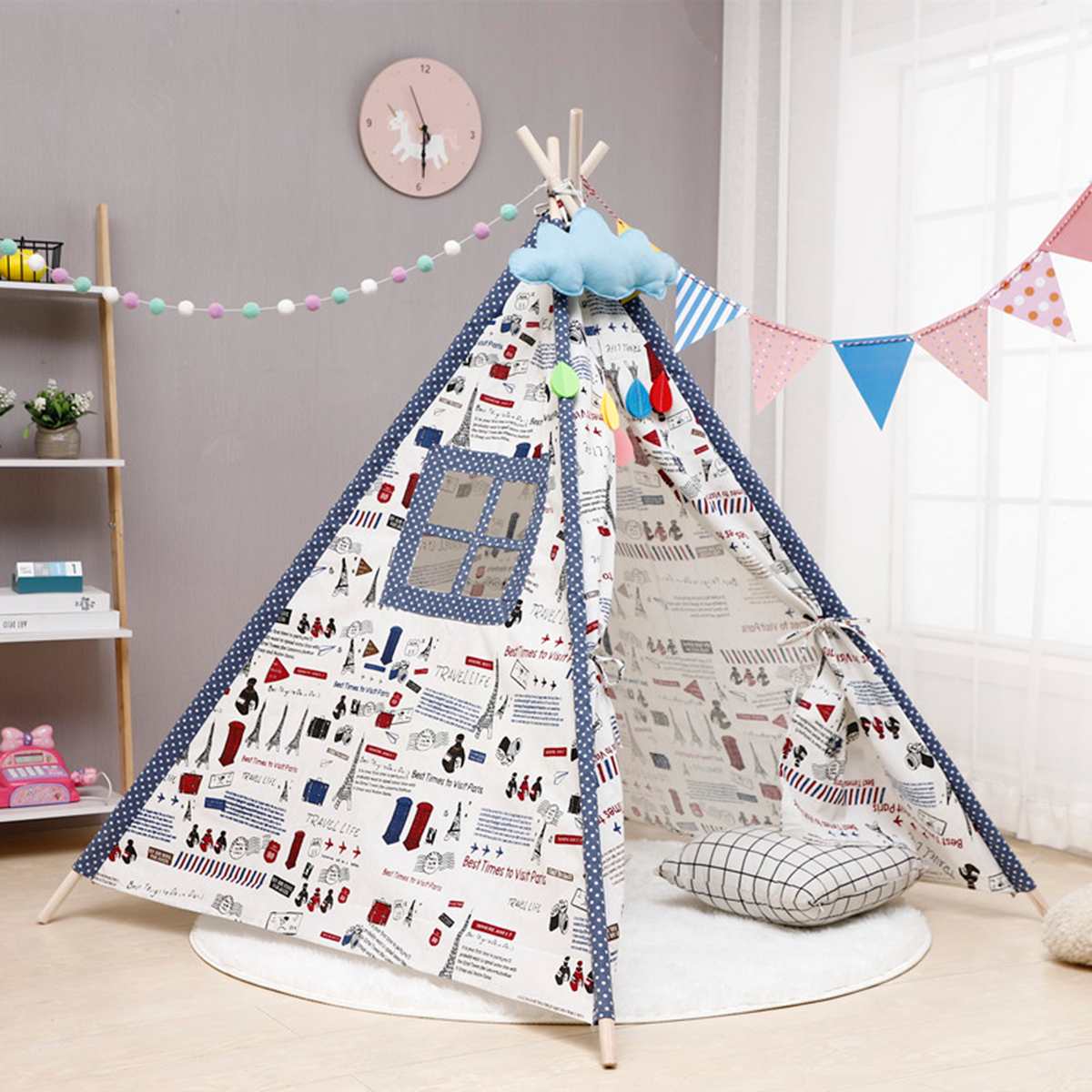 1.35m Tende per la Spiaggia per I Bambini di Tela di Grandi Dimensioni Tenda Teepee Tipi con Grigio Poms Indiano Tenda del Gioco Casa Dei Bambini tepee Tee Pee Tenda: Flower color