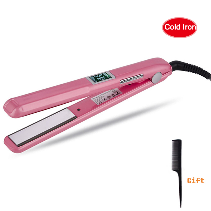 Hair Care Ultrasonic Infrared Hair Straightener Cold Flat Iron Hair Treament Styler Therapy Conditioning Tools: Pink / US