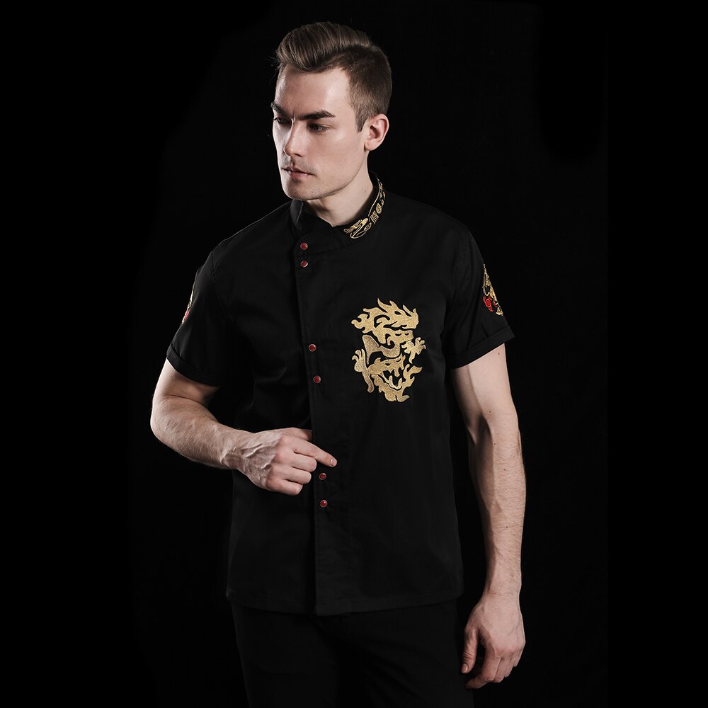 Unisex ademend korte mouwen chef-kok uniform drakentotem koksjas bakkerij chef-kok werkuniform: Zwart kokspak / Xxxl