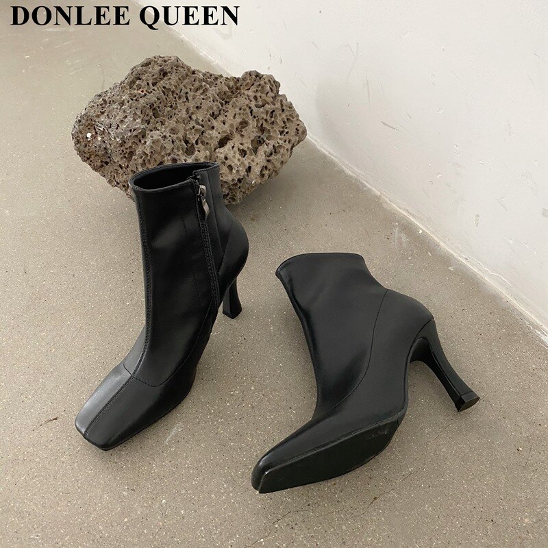 Ankelstøvler til kvinder firkantede sko vinter korte støvler lynlås tynde hæle behagelige dame støvler zapatillas mujer