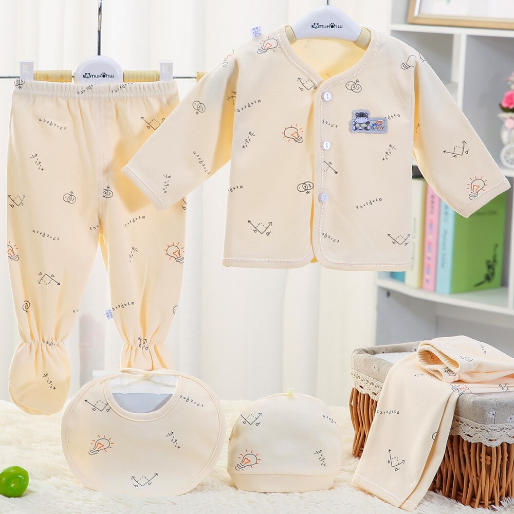5pcs/sets Newborn Baby Unisex Clothing Soft Cotton Set Infant Long Sleeve Girls Shirt+pant Bibs Hat Suit Underwear: style 9