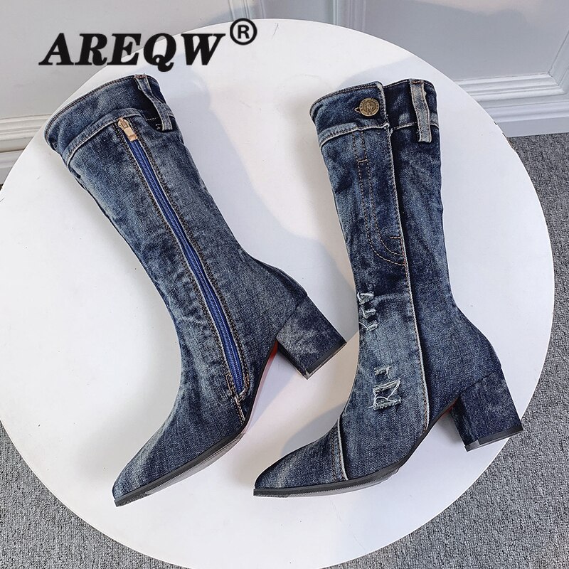 Sexede jeansstøvler dame ankelrør kvinder kort støvle vinter mellemhæl denimstøvle dame stilfulde jeansstøvler lynlåssko cowboy