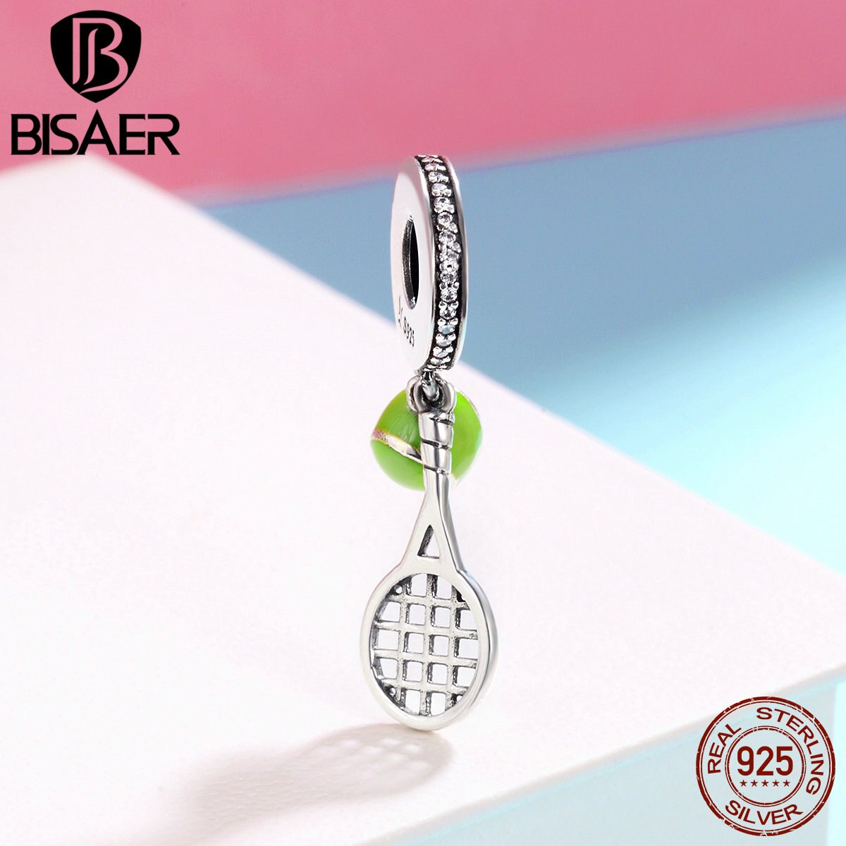 BISAER 100% 925 Sterling Silver Tennis Ball Passion Sports Love Charms Fit Original DIY Bracelets & Necklaces Jewelry ECC335