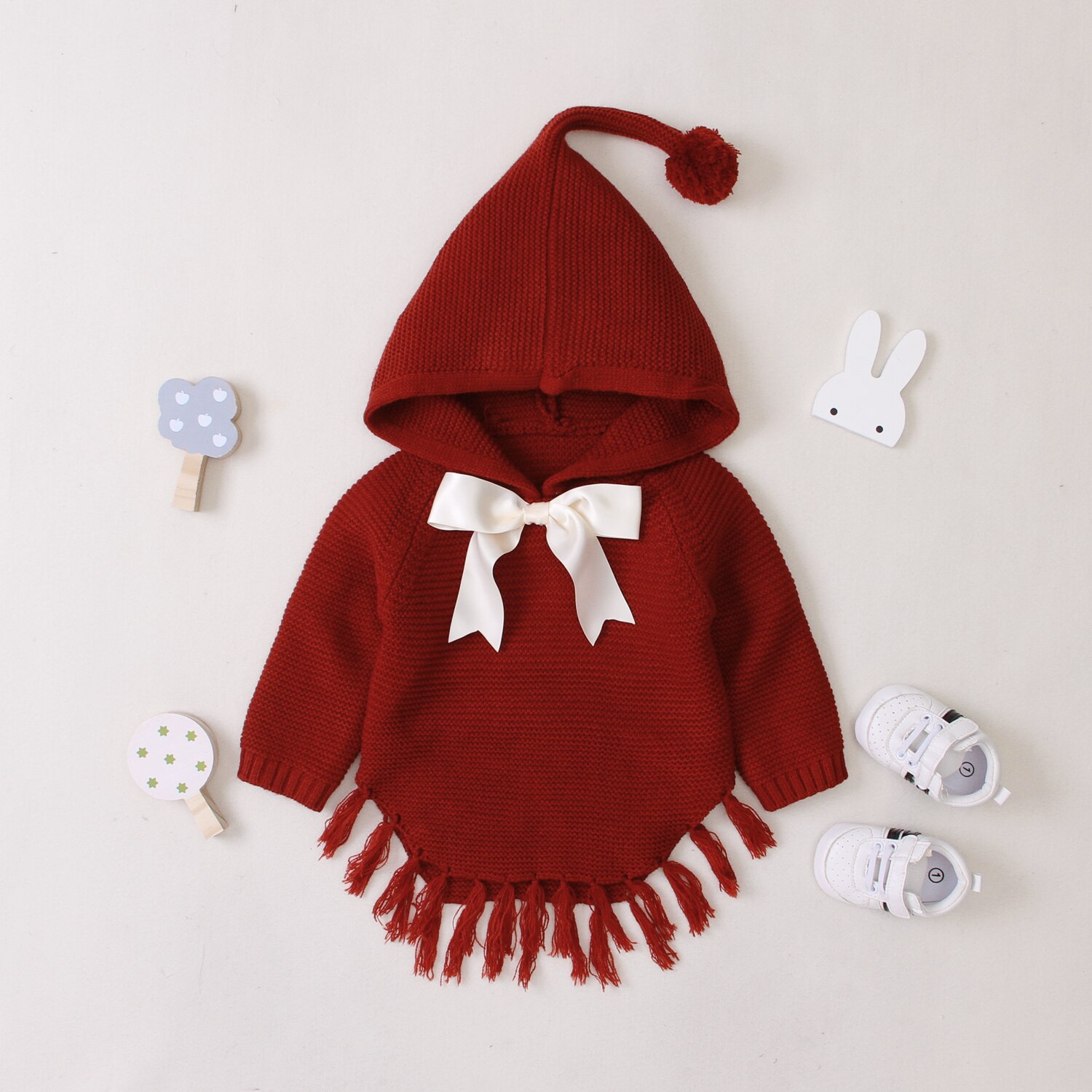 Herfst Winter Peuter Baby Meisjes Knit Tassel Jasje Uitloper Hooded Fall Herfst Mode Kleding: Rood / 100