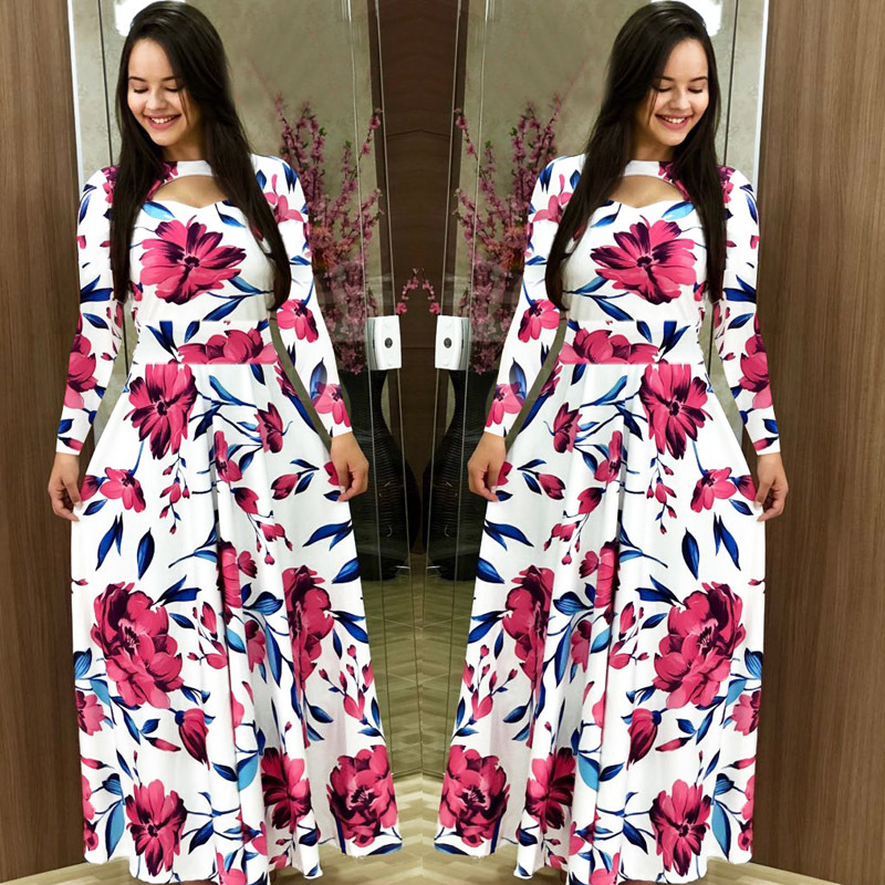 Kvinders efterårsprint langærmede slim fit vestido rund hals blomster hule maxikjoler roupas mujer 5xl: Xxxl / Brun