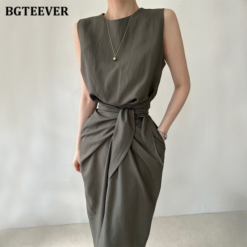 BGTEEVER Stylish O-neck Slim Waist Lace-up Female Bodycon Dress Summer Sleeveless Women Cotton Dress