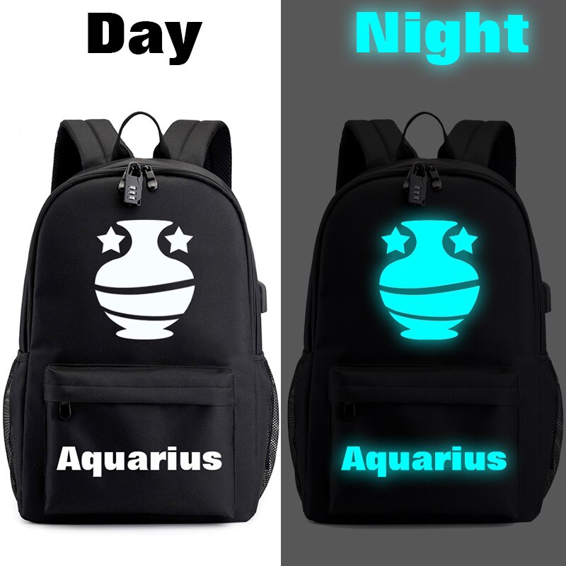 BPZMD Luminous 12 Zodiac Sign Canvas Schoolbag Constellation Horoscope for Boys and Girls Backpack: Aquarius