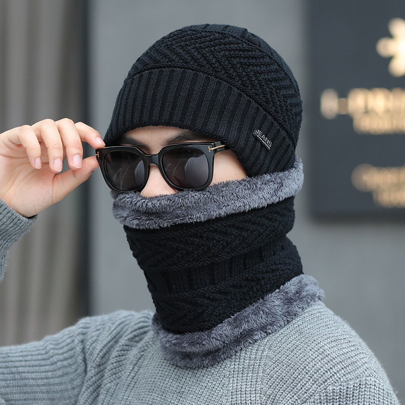 Calymel Winter Hat Scarf Set Men's Wool Hat Casual Warm Knit Hat Outdoor Riding Ski Cap Scarf Set 2pcs/set: G41 black