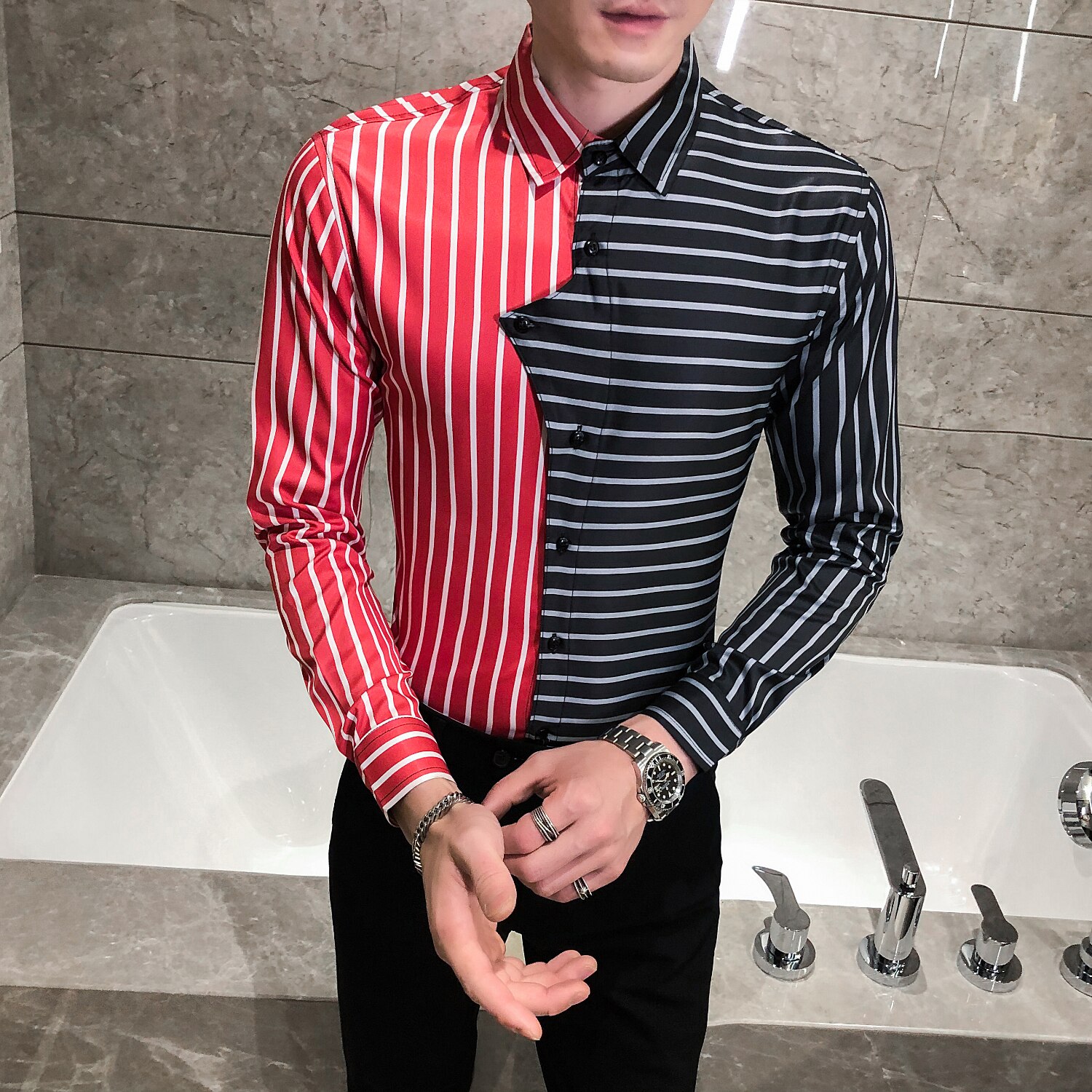 Skjorte med stribesyning blomstret skjorte mænd slim fit casual mænd social skjorte langærmet natklub luksus camisa masculina: Sort rød / Koreansk  m 48-52kg
