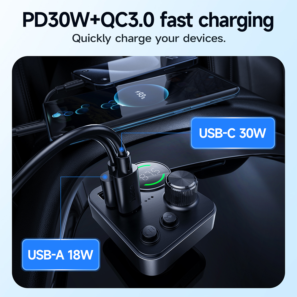 HOCO 48W Dual Port USB A QC3.0 Car Bluetooth FM Tramsmitter Wireless Handfree Adapter in Car For Music Audio PD30W USB C Charger