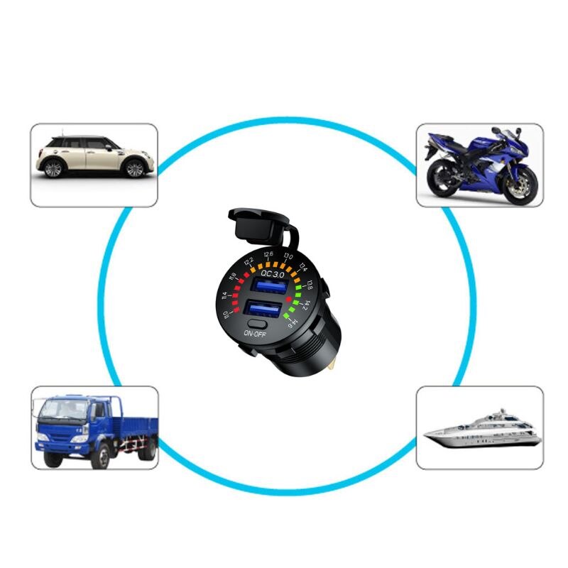 12V 24V QC 3.0 Dual USB Car Charger Waterproof 18W USB Outlet Fast Charge with LED Voltmeter ON OFF Switch Power Cable