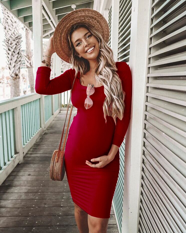 2020 nowa, jesienna zima Bodycon kobiety w ciąży stałe ubrania ciążowe z długim rękawem sukienki ciążowe Mama odzież Ropa De Mujer: wine / XL