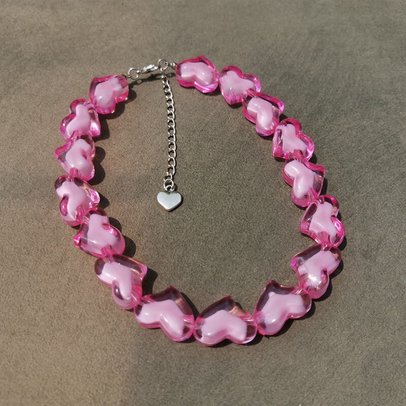 Neue Farben Herz Choker Halsketten für Frauen Punk Harz Strang Seite Kette Böhmischen Weiblichen Party Erklärung Schmuck: Pink
