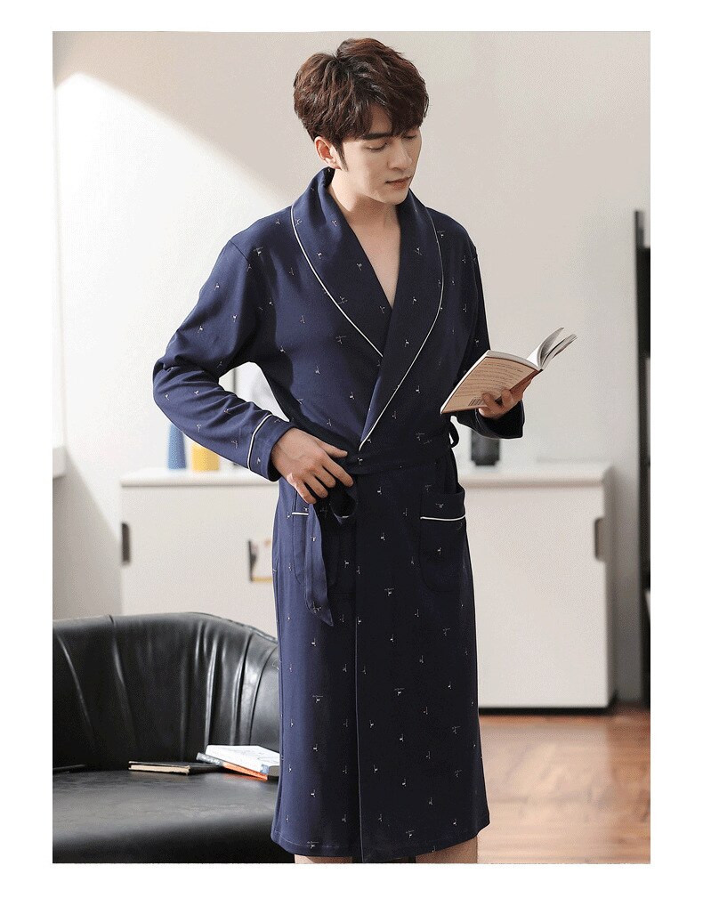 Spring Autumn Men Japanese Kimono Night-Robe 100% Cotton Casual Bathrobe Male Winter Long Sleeves V-shaped Collar Homewear