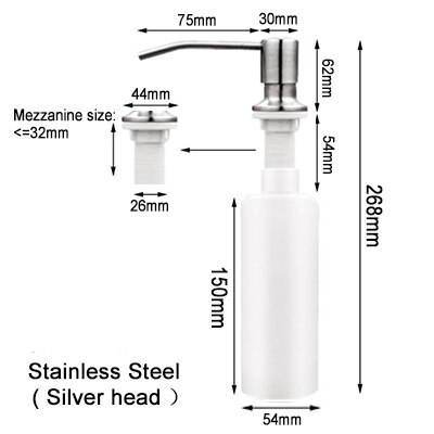 Dispensador de jabón para fregadero de cocina, 300ML, negro, ABS, jabón líquido, loción, cabezal de acero inoxidable: Plata