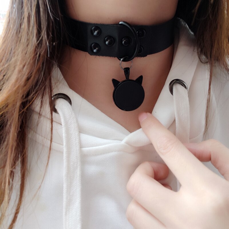 Zwart Pu Leer Ketting Punk Holografische Harajuku Meisje Choker Bar Mode Stage Hals Kit Head Sieraden Overdreven Kraag
