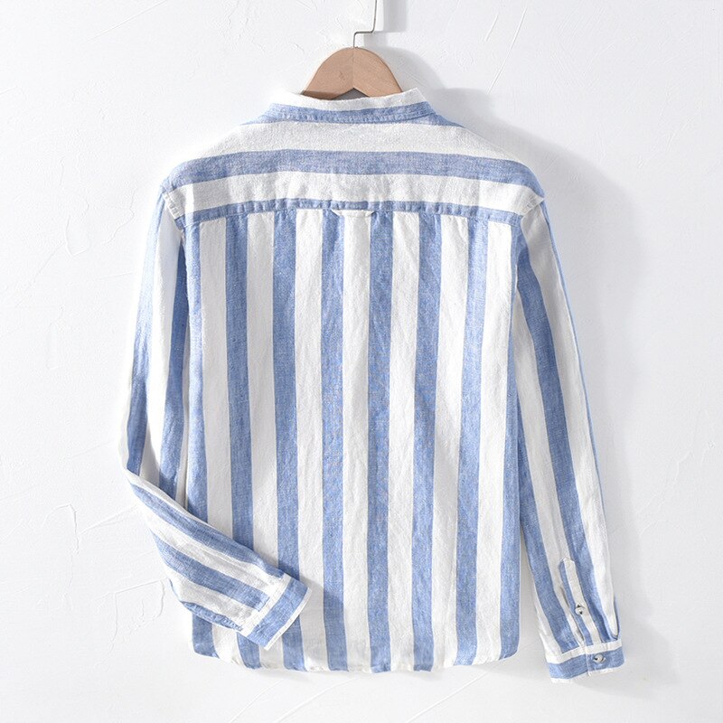 1901 Mannen Lente Herfst Mode Linnen Lange Mouwen Nave Blue Strip Patchwork Turn Down Kraag Casual Klassieke Mannelijke Chic shirt