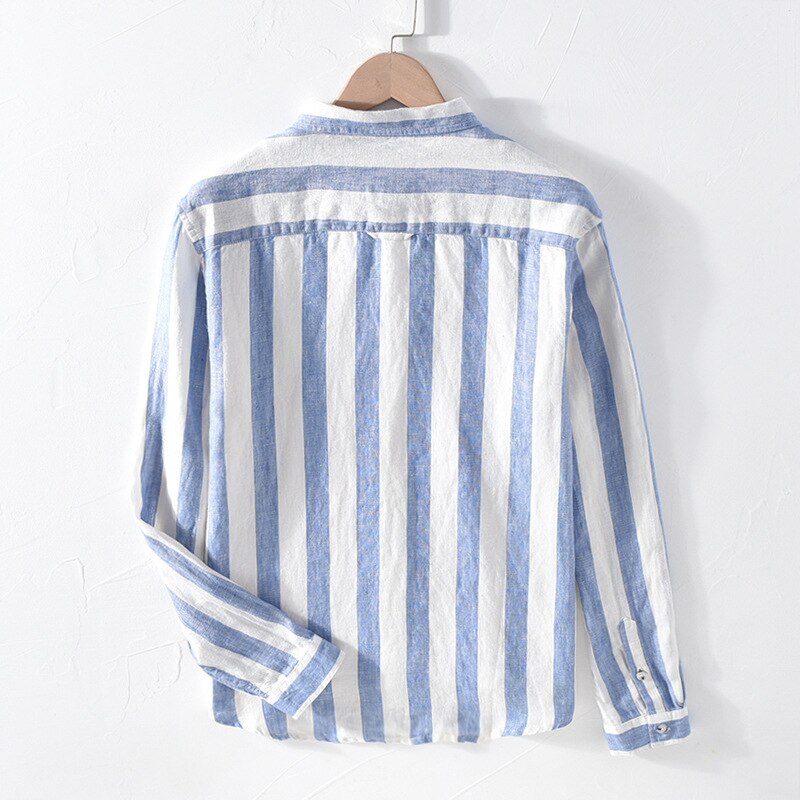 1901 Men Spring Fall Brand Linen Long Sleeve Nave Blue Strip Patchwork Turn Down Collar Casual Classical Male Chic Shirt