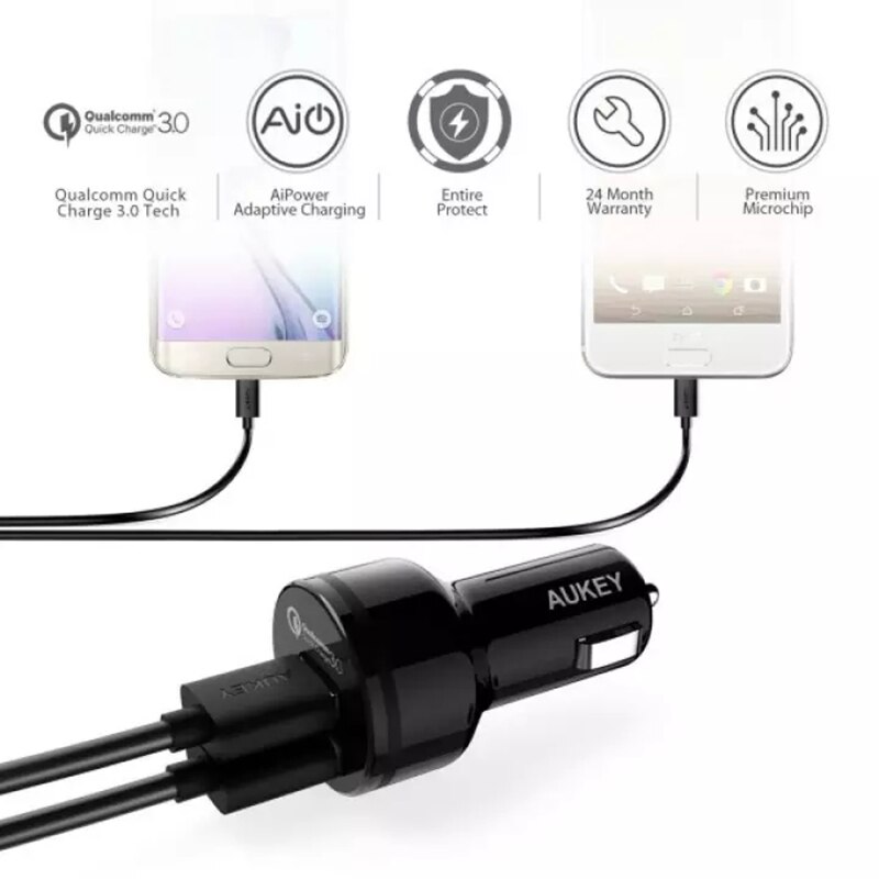 Aukey-cargador de coche CC-T8, estación de carga rápida 3,0, 36W, salida de doble puerto, certificado por Qualcomm