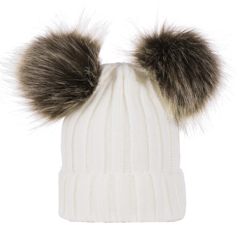 Winter warme baby muts met bont, dubbele pompon, gebreide baby meisjes jongens muts, peuter kindermuts, muts voor kinderen, kindermutsen, mutsen: 2