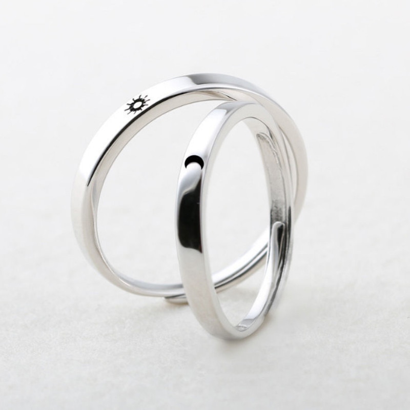 Bague de soleil et de lune pour hommes et femmes, anneau ajustable, Simple, minimaliste, couleur argent, pour Couple, bijoux de fiançailles