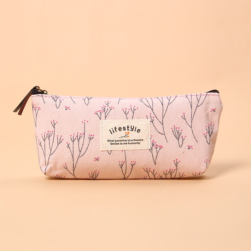 Cute Colorful Floral Flower Canvas Zipper Pencil Cases Lovely Fabric Flower Tree Pen Bags: Pink