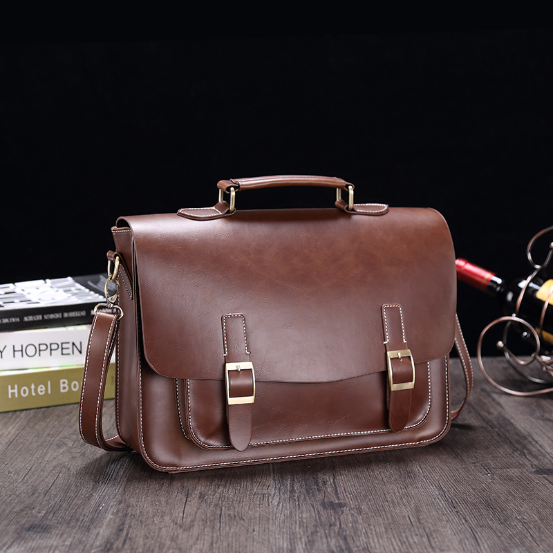 Porte-documents pour hommes Crazy Horse en cuir PU Vintage étudiant sacoche école bureau fourre-tout sac à main épaule affaires épaule sac pour femmes: Marron