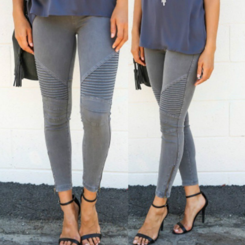 Europa Amerika Moto Biker Jeans Vrouwen Katoen Gewassen Vintage Geplooide Potlood Broek Femme Rits Hoge Elasticiteit Skinny Broek: Donkergrijs / XL