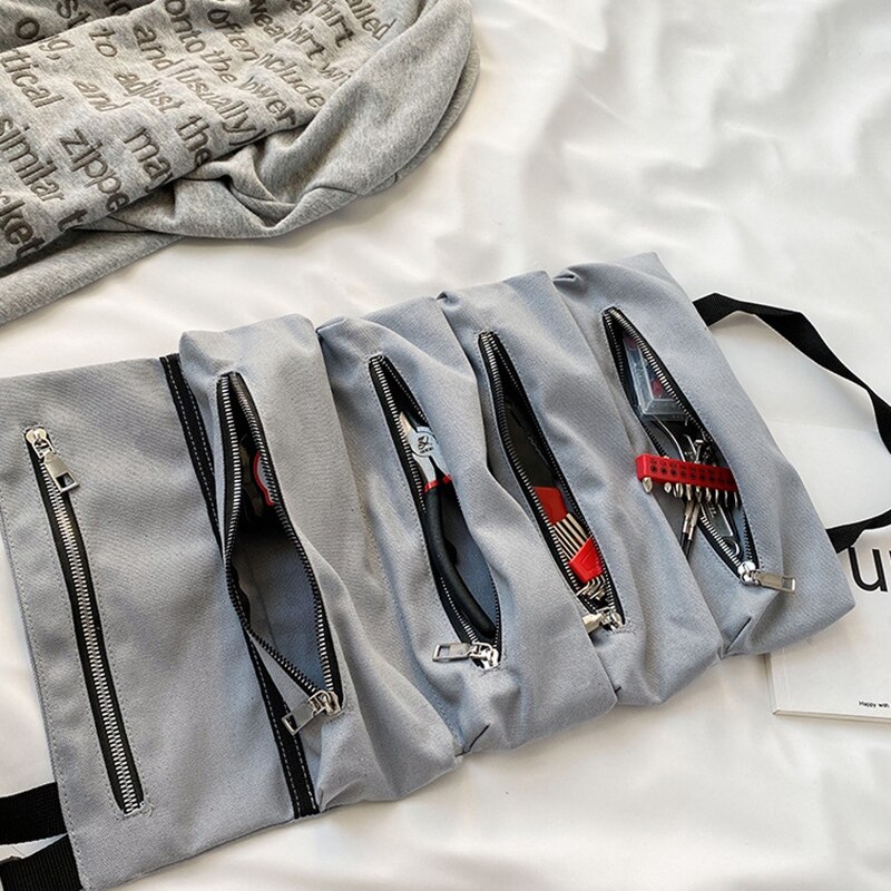 Outil de voiture enrouler sacs toile pochette de rangement outils fourre-tout porte-fronde siège arrière organisateur gris