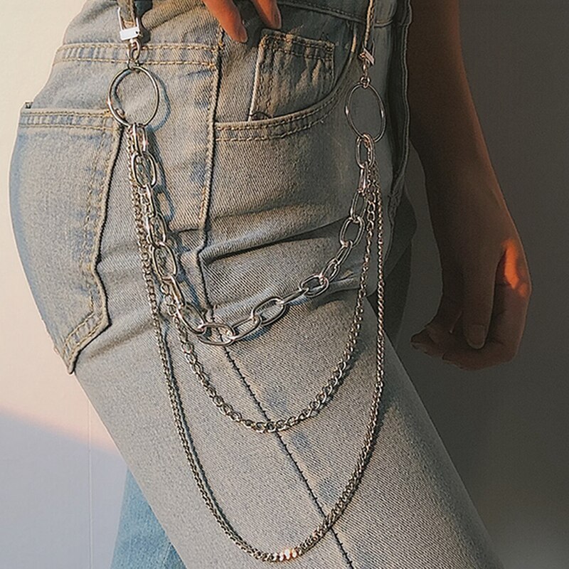 Punk hip hop na moda única ou três camadas cinto de corrente chave da cintura calças de brim da mulher dos homens longo metal vestuário acessórios