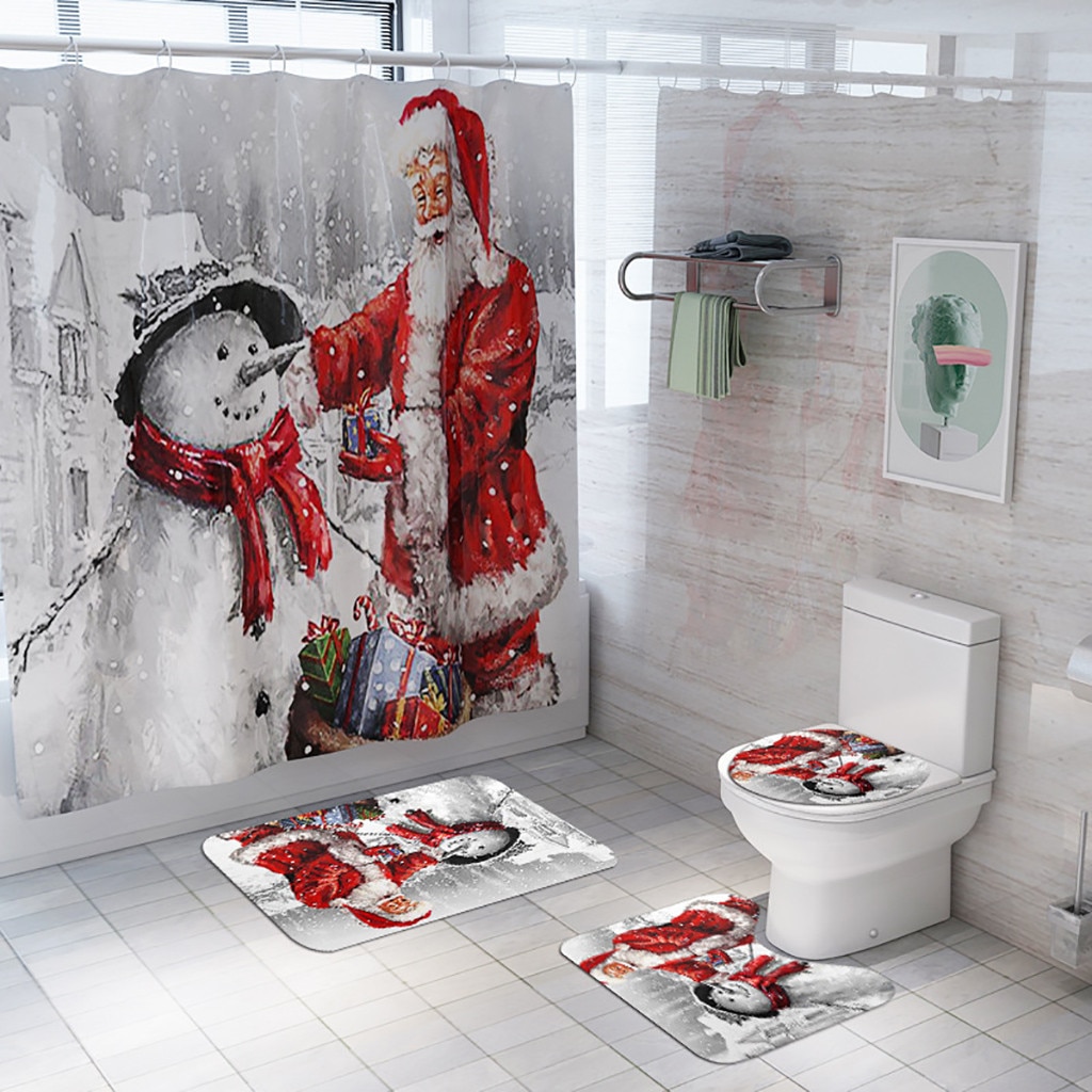 4 st badmatsset jultoalett tomte jultryck toalett badrumsmatta halkskydd och duschdraperi set för hembadrum