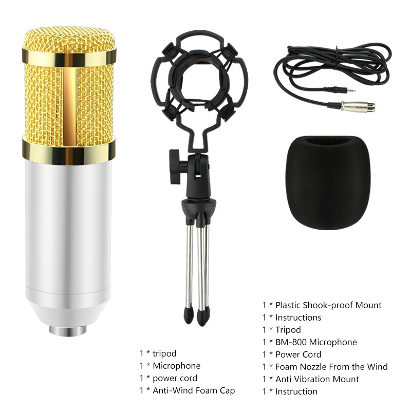 BM 800 Microphone Condenser Sound Recording Microphone With Shock Mount For Radio Braodcasting Singing Recording KTV Karaoke Mic: silver with tripod