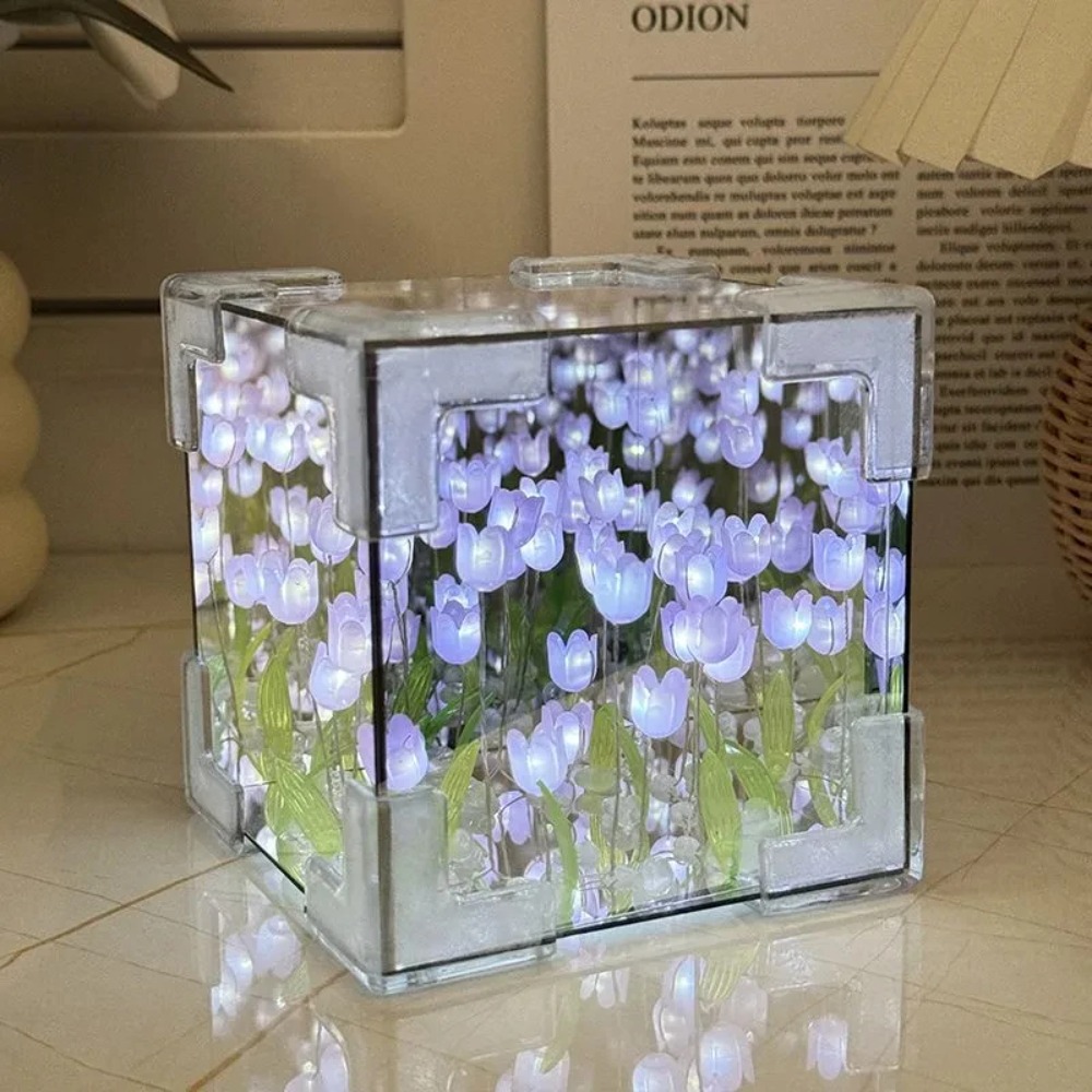 Lámpara de mesa de tulipán artesanal para dormitorio, luz nocturna de espejo de tulipanes, flor de simulación hecha a mano, de cumpleaños