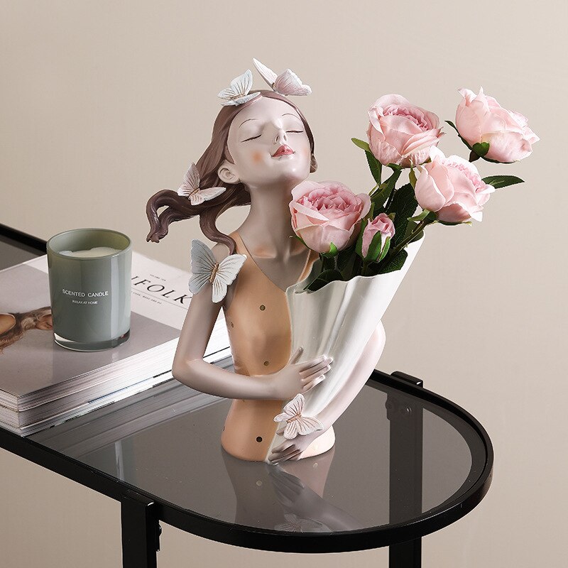 Vase de fleurs artificielles modernes, sculpture de papillon fille, ornements en résine pour la maison, Vases de décoration de maison chauds