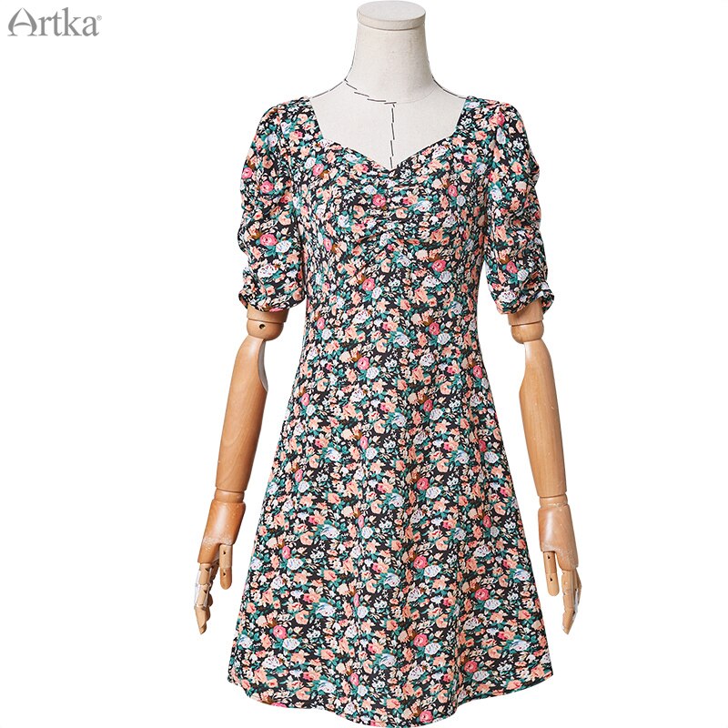 Artka sommar kvinnor klänning franska vintage fyrkant krage klänningar blommigt tryck puff ärm chiffong klänning kvinnor  la25806x