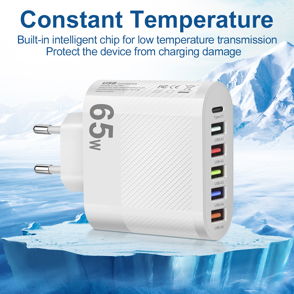 65W 6 Ports USB Type C Fast Charging PD Quick Charger 3.0 Power Adapter For iPhone 14 13 Pro Xiaomi Samsung Oneplus Wall Charger